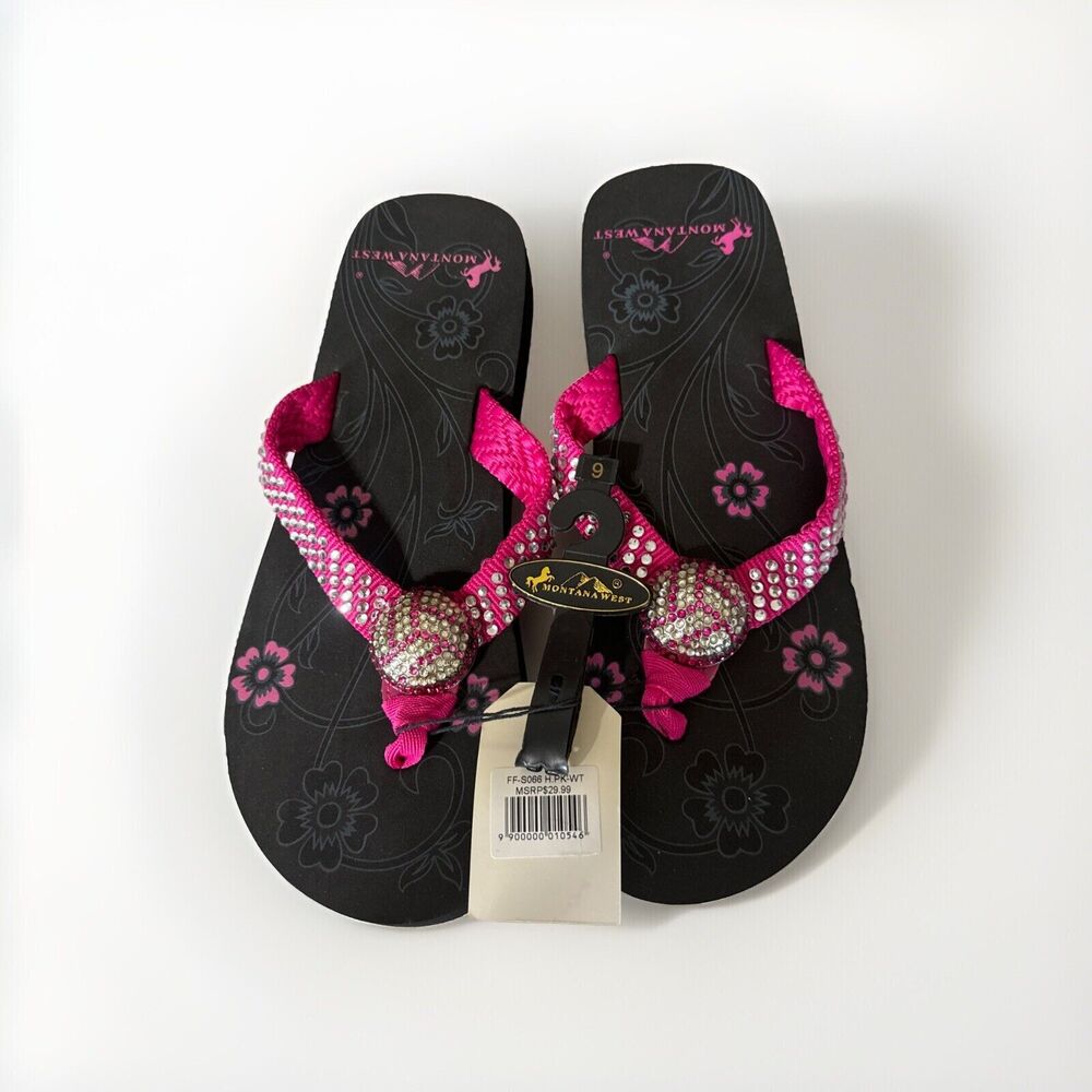 Montana West Bejeweled Volleyball Flip Flop Pink Sandals Bling Rhinestone Size 9
